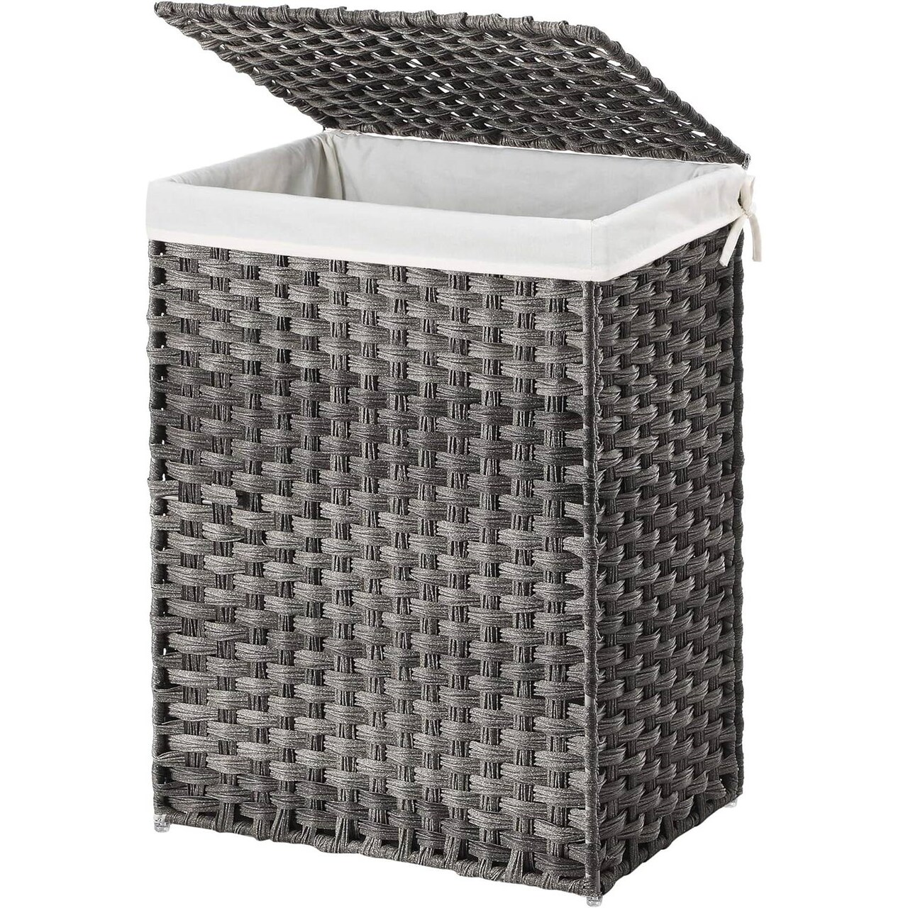 Grey Rattan Plastic Laundry Hamper with Lid, Cotton Liner and Iron Frame